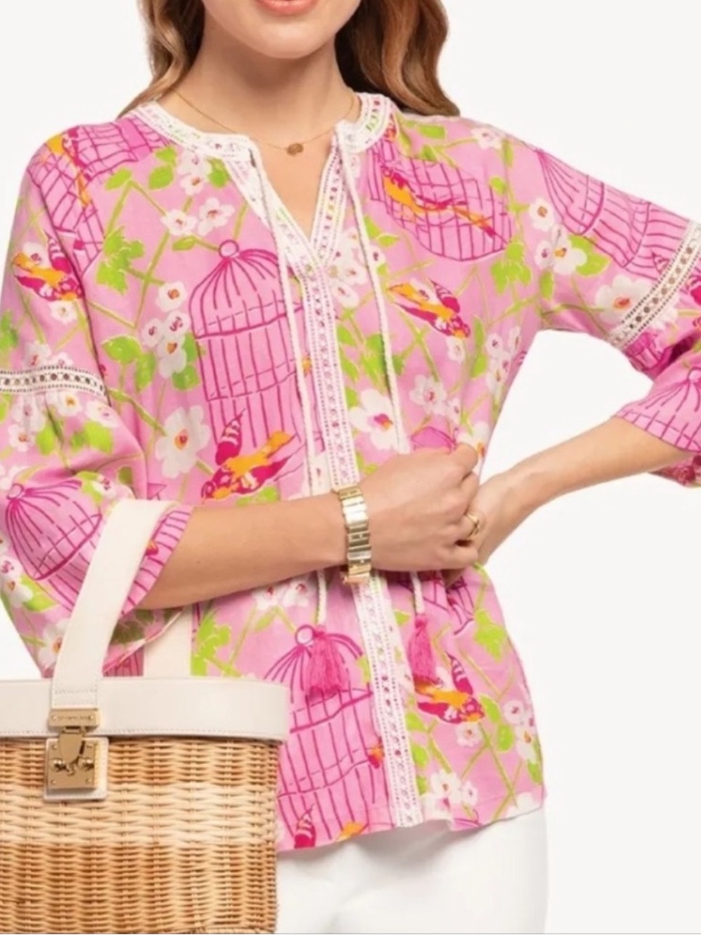 Spartina 449 Pink Wren Birdcage Print Linen Tunic Top Size Medium